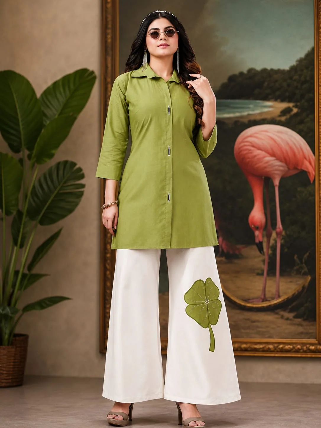 Olive green collared shirt kurti with wide ivory palazzo featuring a green clover appliqué