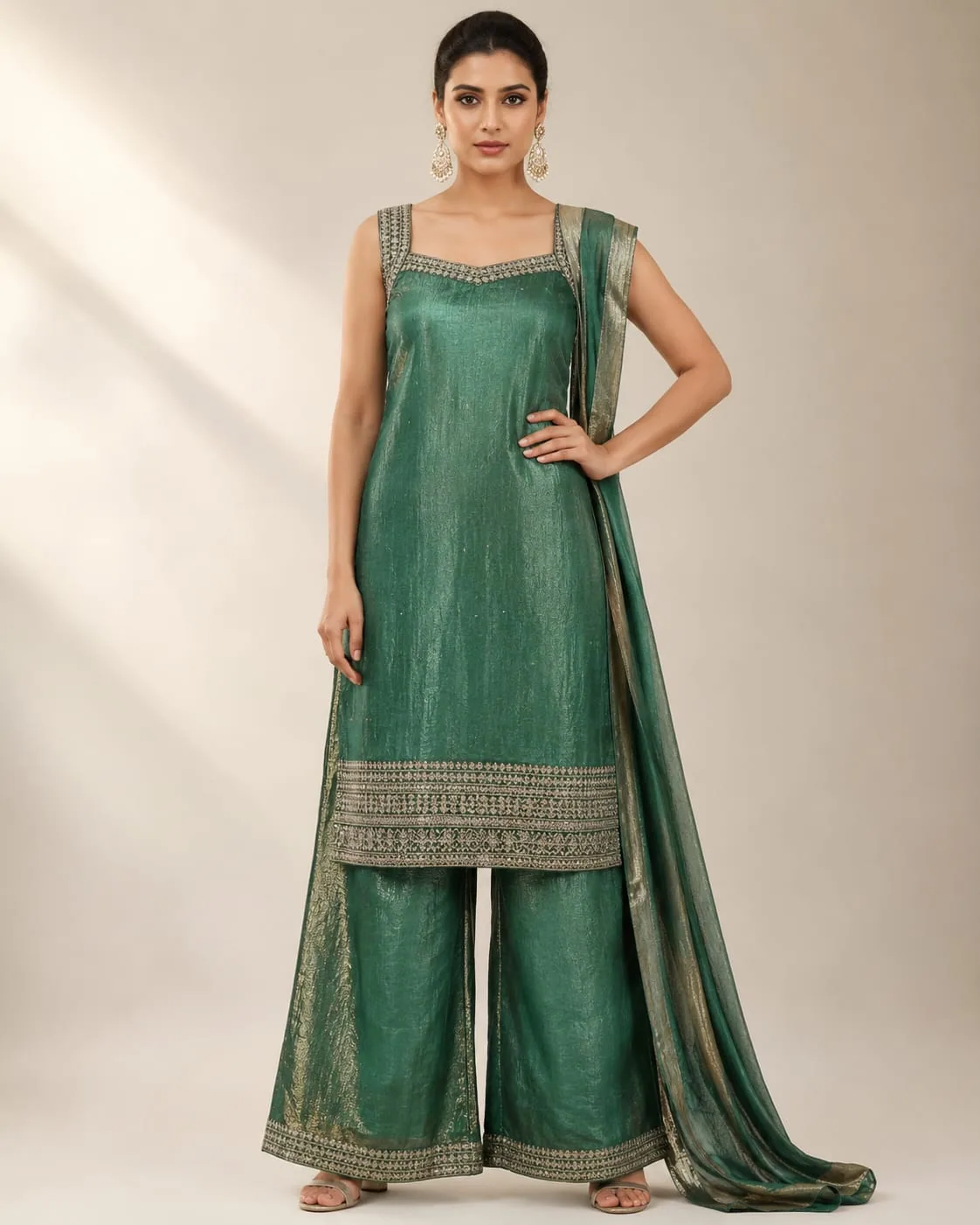 Emerald green crushed tissue kurta and palazzo with gold zari borders and tissue dupatta