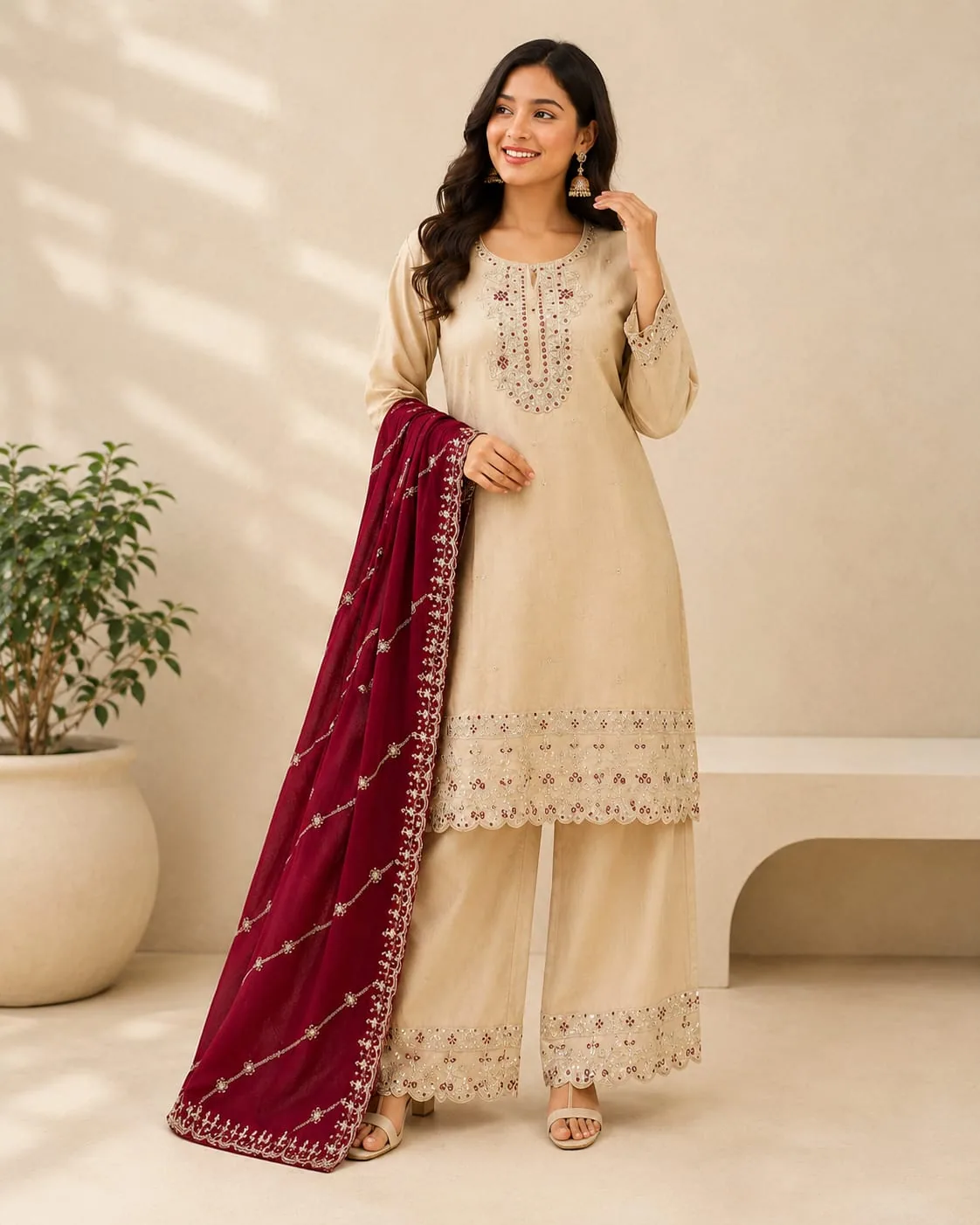 Beige embroidered kurta and scalloped palazzo with a maroon embroidered dupatta