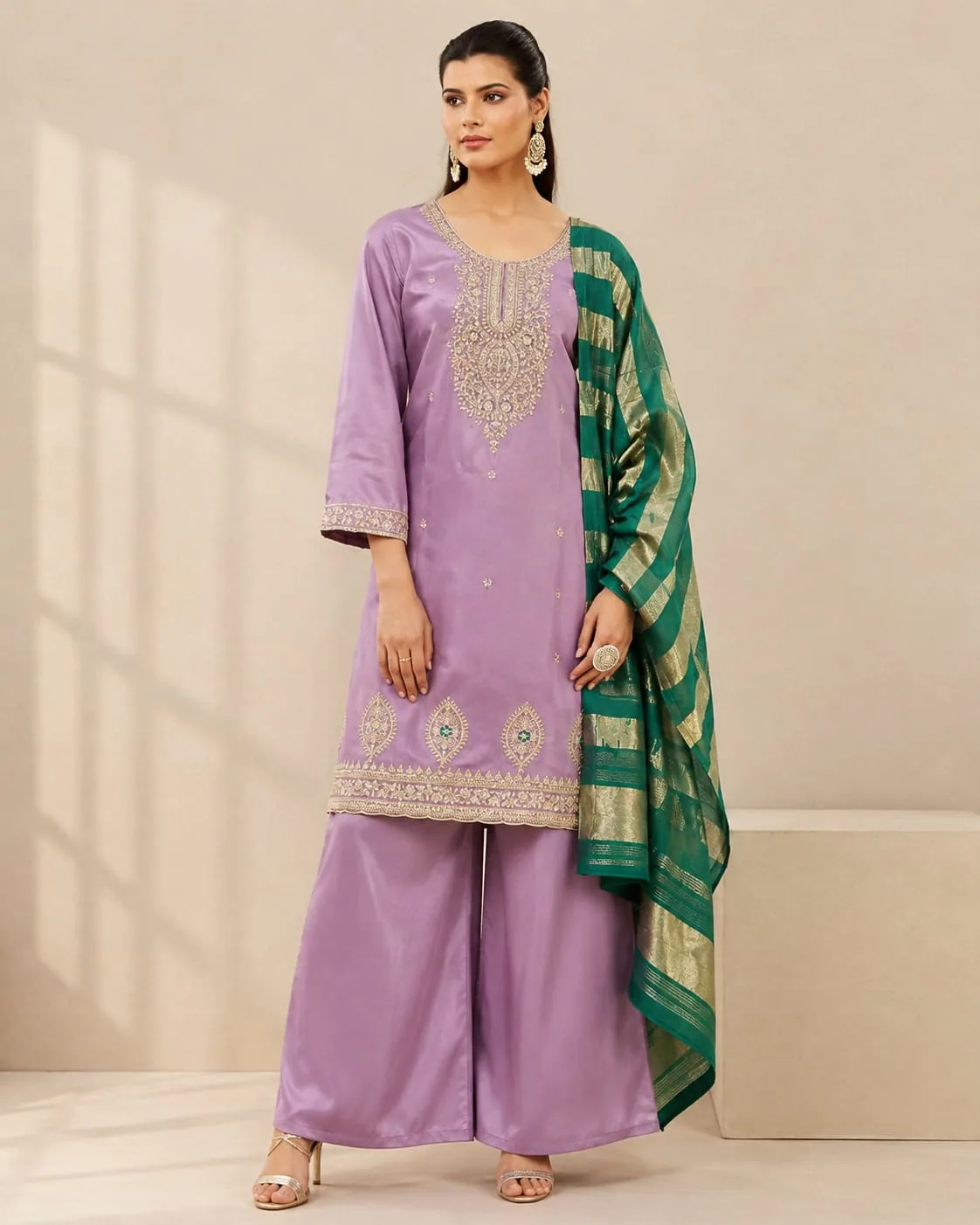 Lilac satin kurta with gold zardozi embroidery, lilac palazzo and green Banarasi dupatta