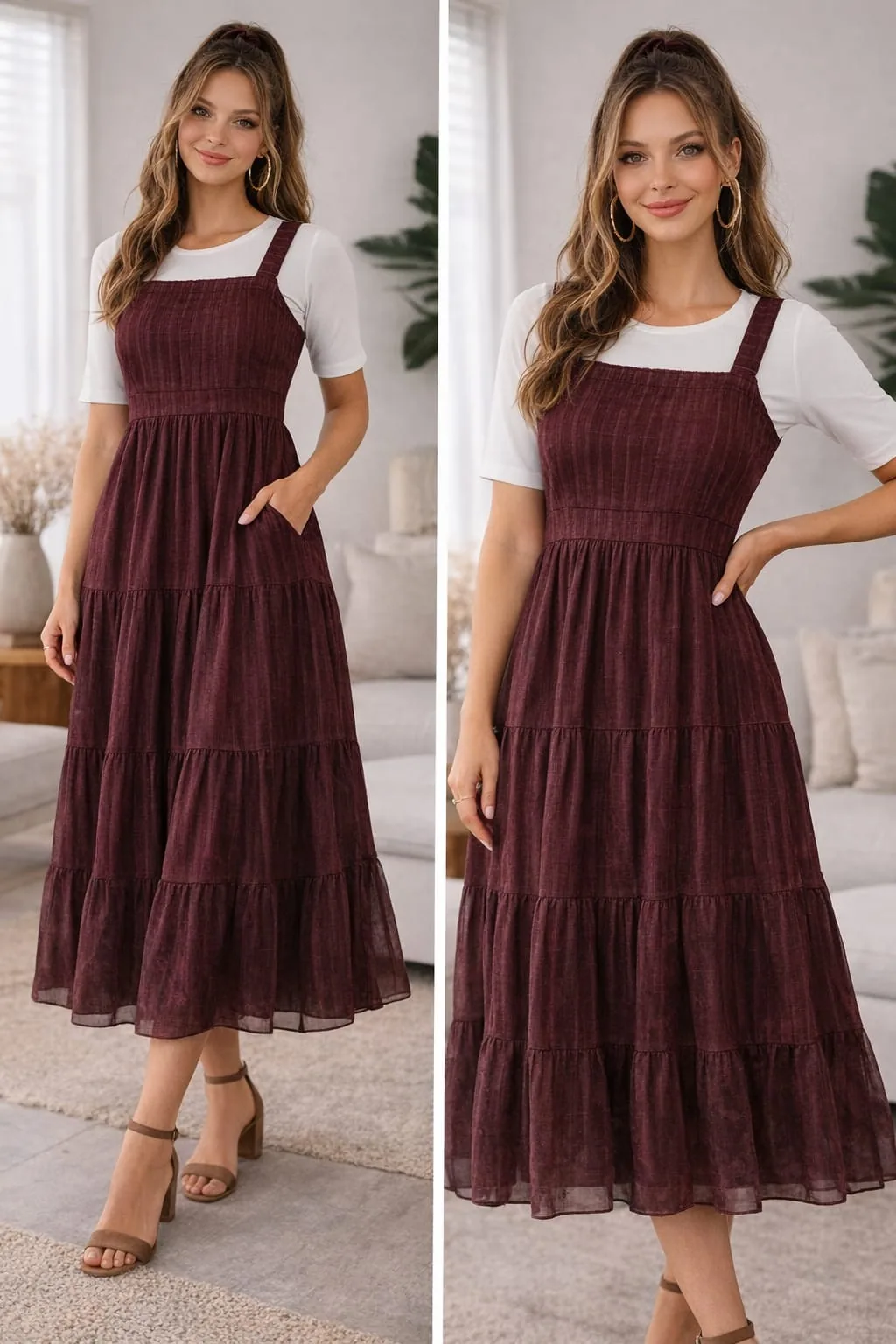 Wine-red tiered pinafore midi dress worn over a white t-shirt, front and side views