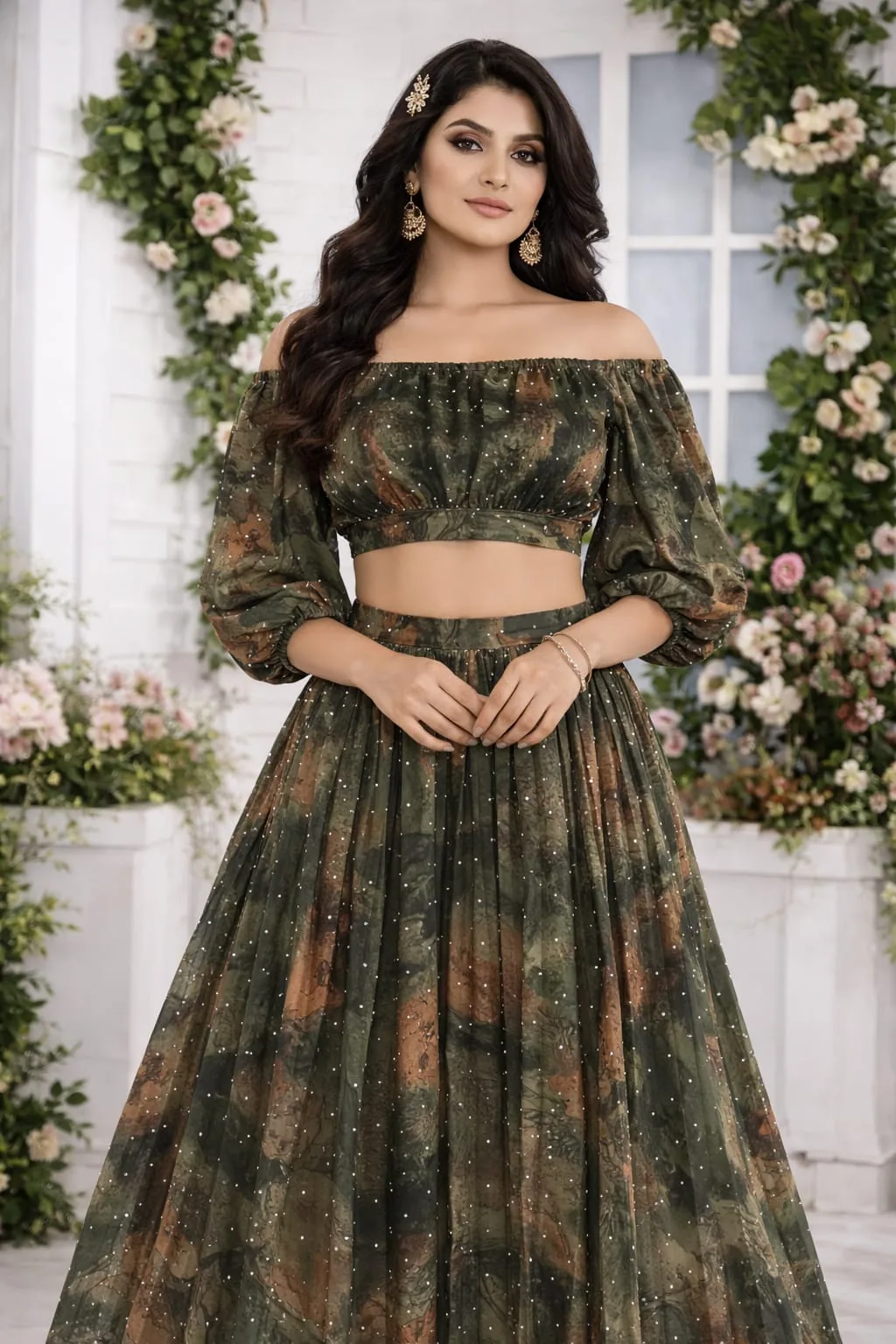 Olive and rust printed off-shoulder crop top with a matching pleated skirt