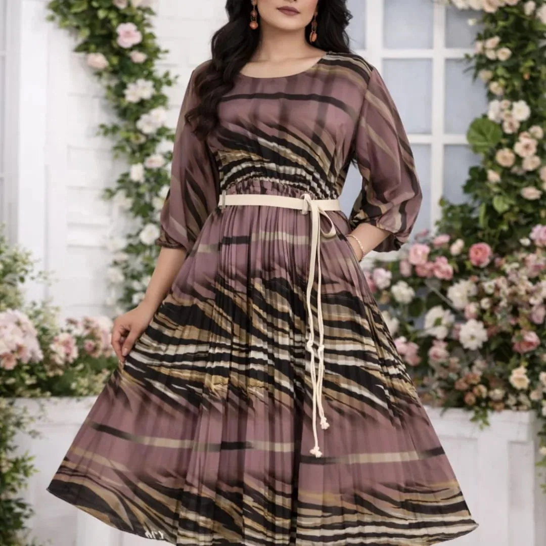The pleated skirt and rope belt of the mauve striped midi, closer