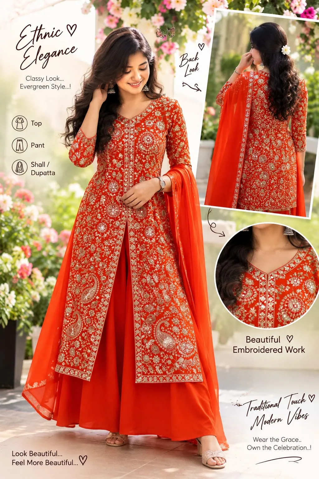 Orange sequin-embroidered front-slit kurta with palazzo and dupatta, front and back views