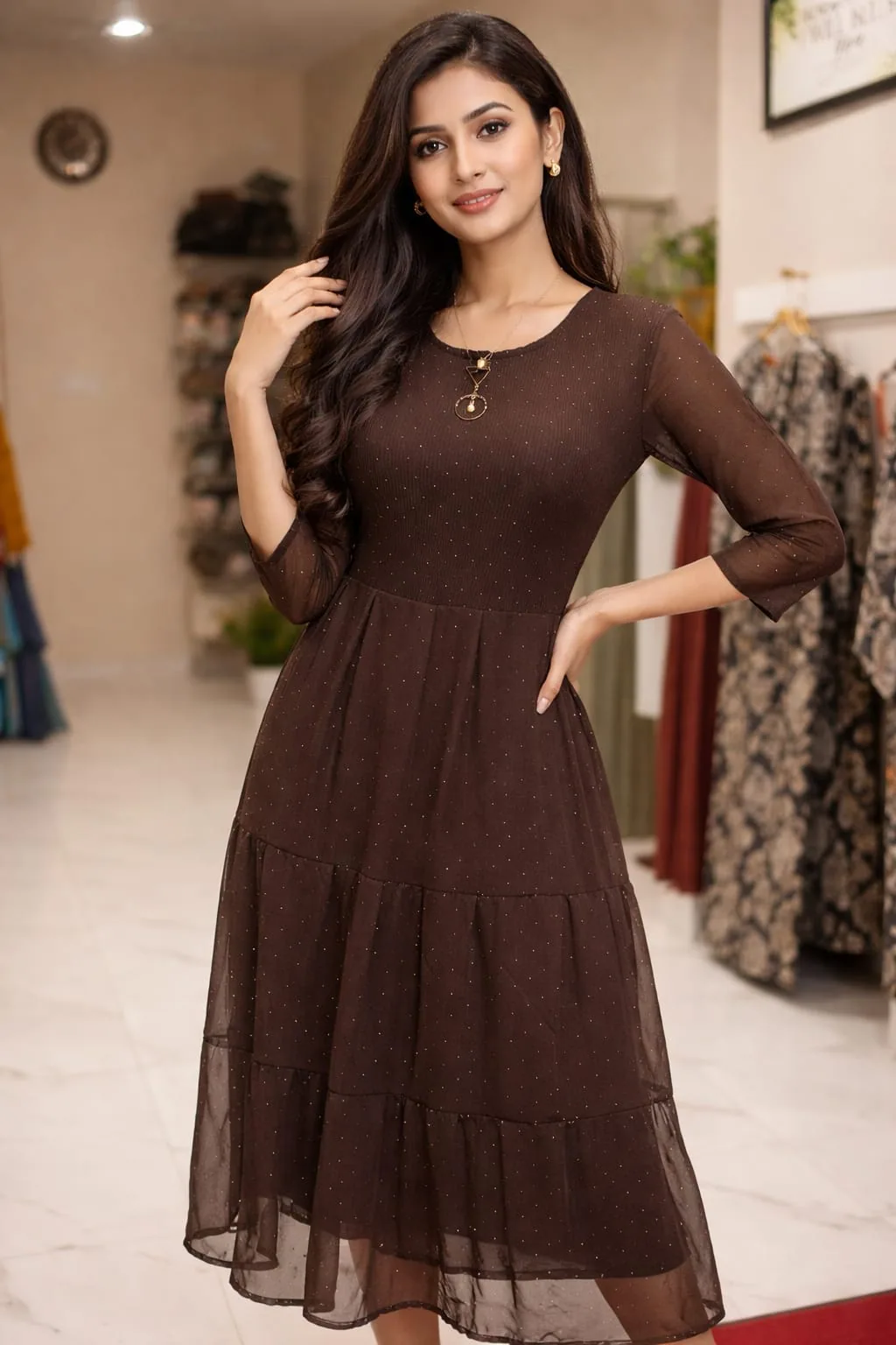 Chocolate brown tiered midi dress with sheer sleeves and gold dots