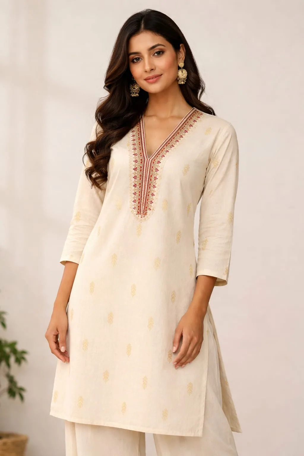 Cream straight kurta with gold buti and red embroidered V-neck