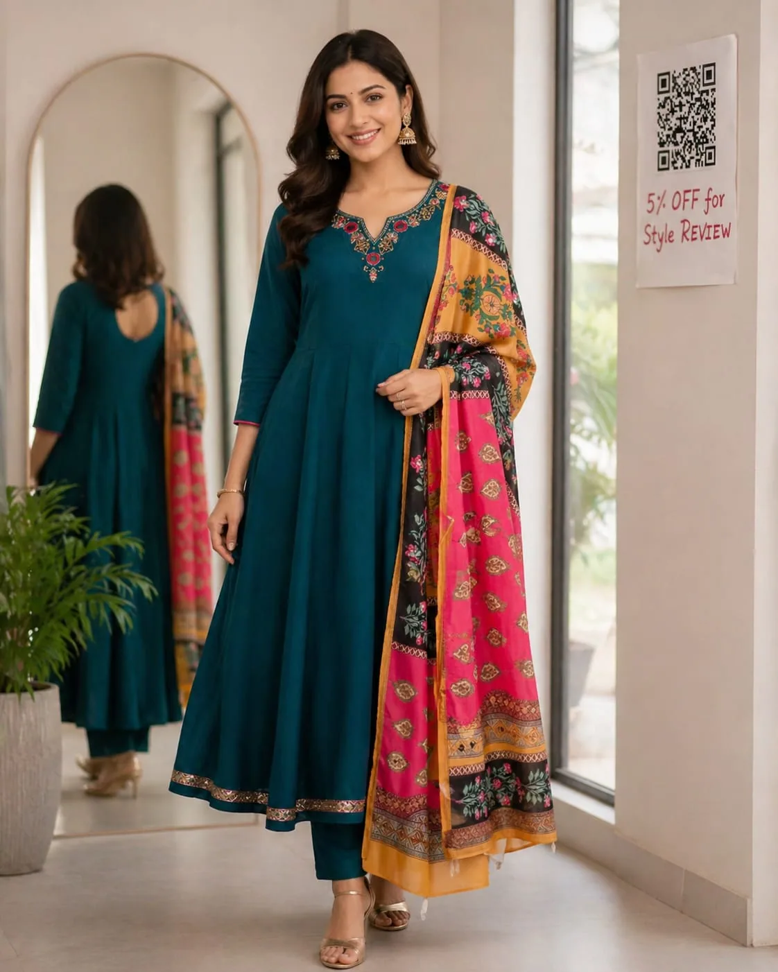 Teal anarkali with embroidered neckline, matching pants and a pink and mustard printed dupatta