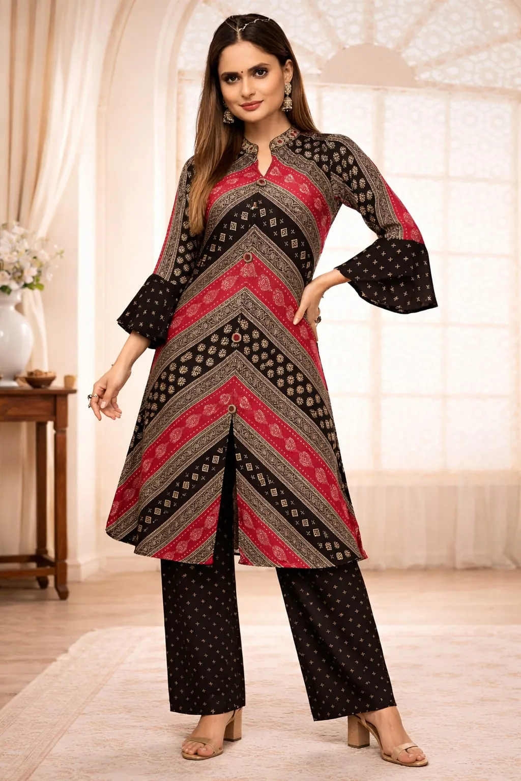 Crimson and black chevron-print A-line kurta with bell sleeves and black palazzos