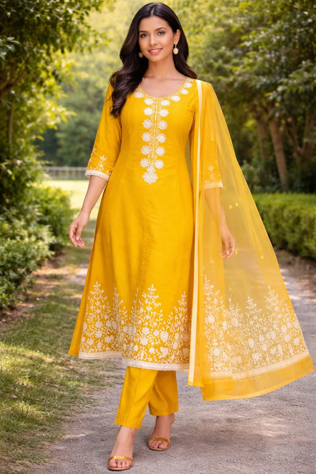 Yellow kurta with white floral embroidery, yellow pants and a sheer embroidered dupatta