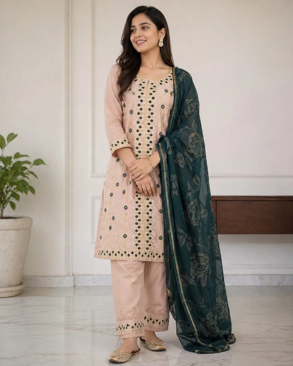 Peach embroidered kurta and pants with a bottle-green rose-print dupatta