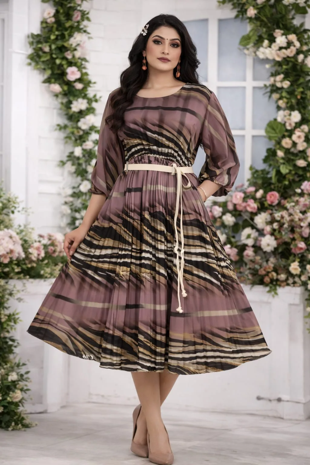 Mauve and black striped accordion-pleated midi dress with an ivory rope belt