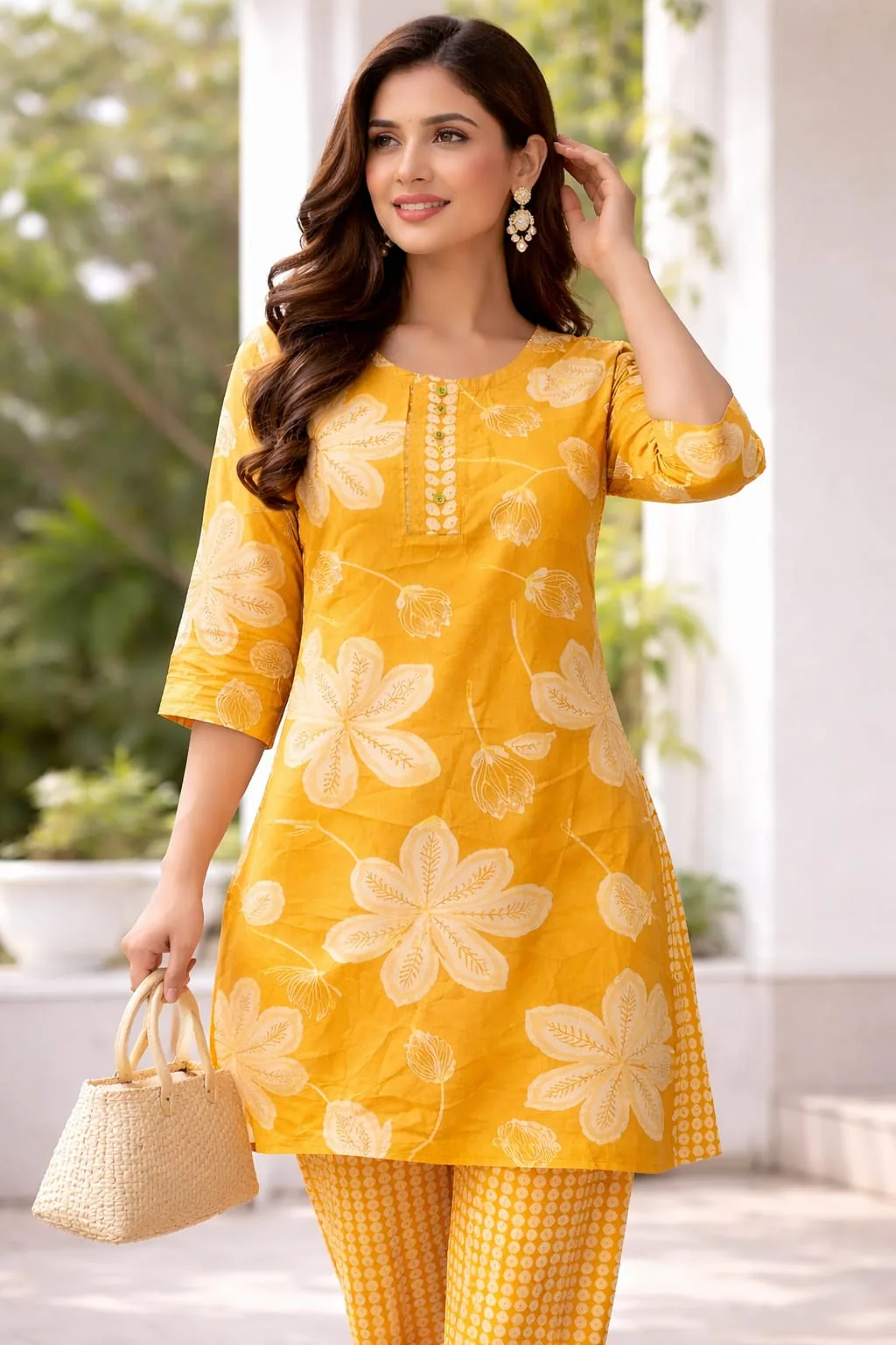 The same lotus-print kurti set in marigold yellow