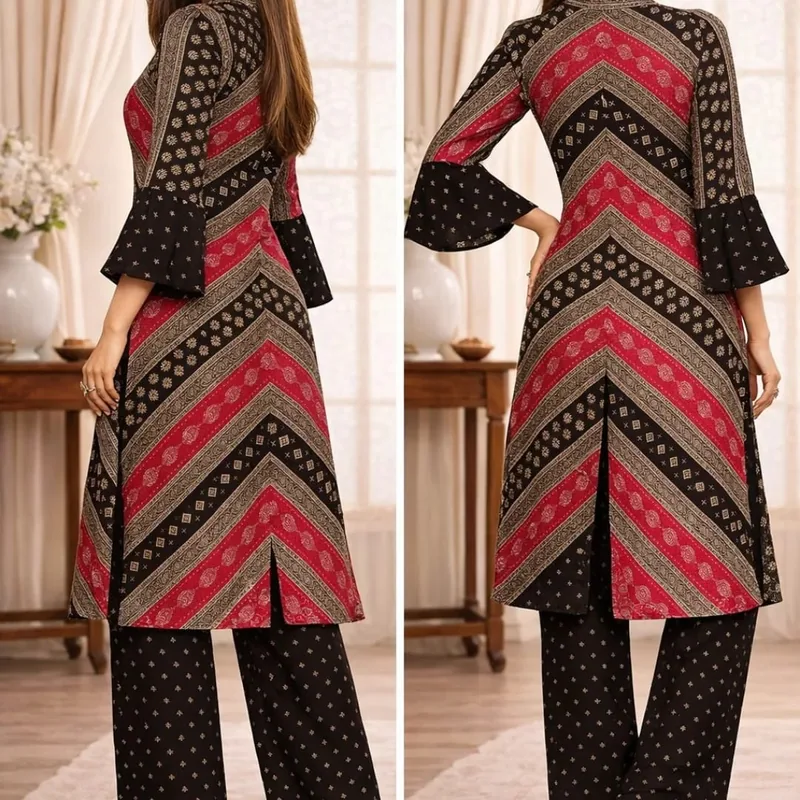 Ajrakh Chevron Bell-Sleeve Kurta Set